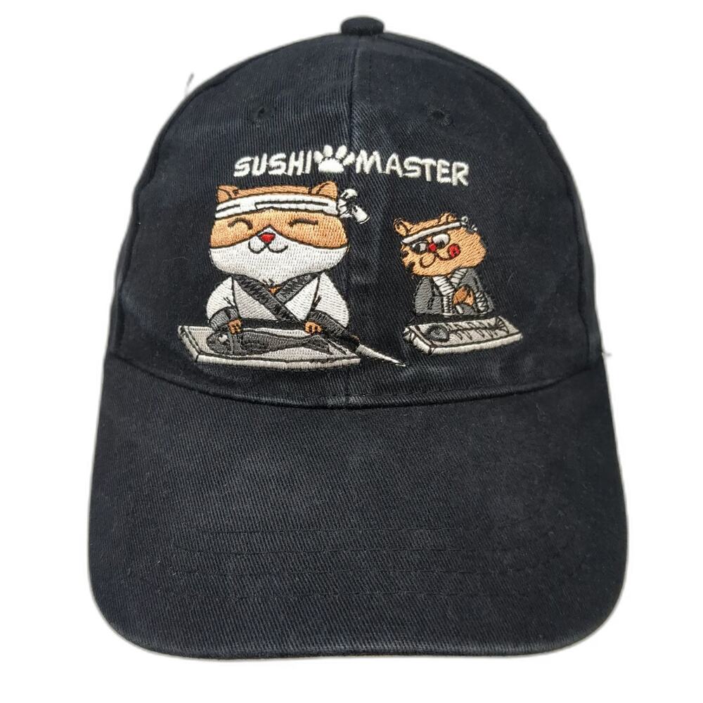 Sushi Master Cat Graphic Baseball Cap Black One Size Strapback Novelty Chef hat